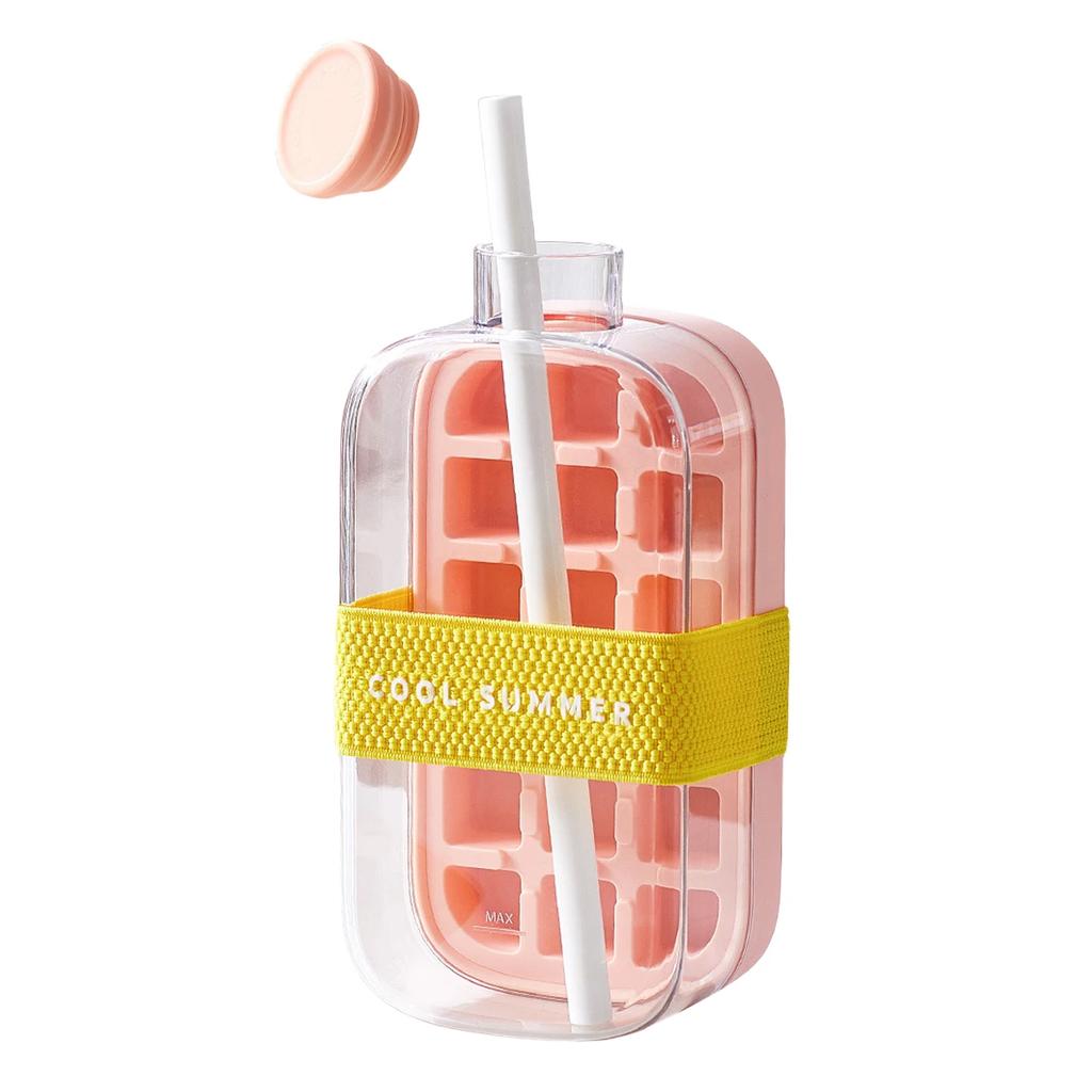 2 in 1 Eiswürfelbereiter Wasserflasche mit Strohhalm 500ML/800ML Sommer Kühler Becher Silikonformen Eiswürfelform für Outdoor Camping