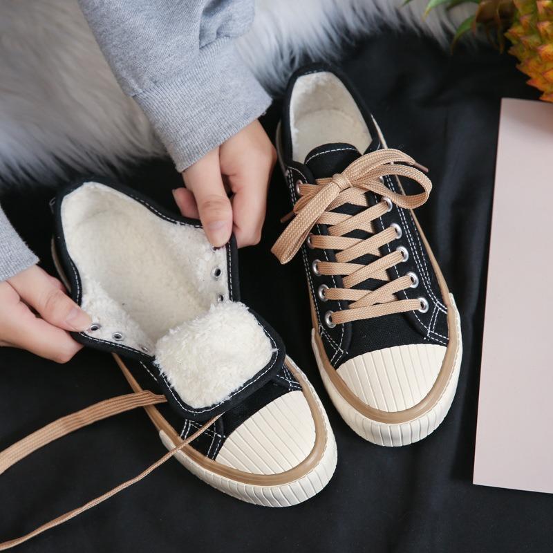 Winter Flat Heel Round Head Low-top Women's Canvas Shoes Warm Shoes Solid Color Casual White Shoes Piled and Thickened