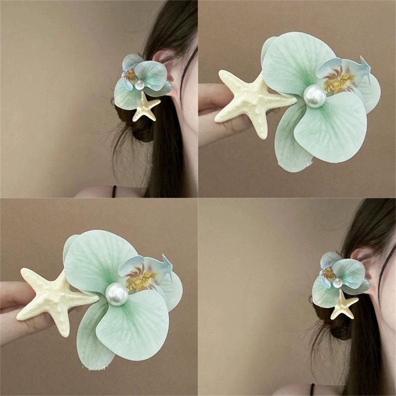 Sweet Orchid Flower Hairpin for Women Pearl Resin Starfish Hair Clip Seaside Headwear Bohemian Side Clip Y2K Hair Accessories