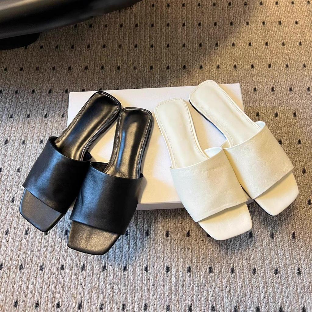 Cowhide Version~ Korean Simple Square Head Flat Bottom Comfortable Open-toed One-word Slippers Women Wear 2025 Summer Cool Slippers