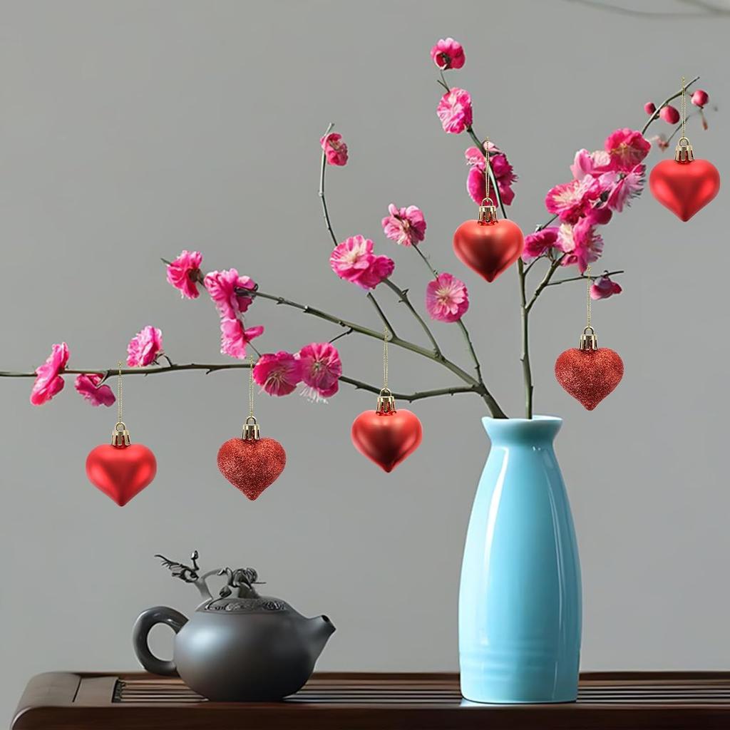 12 Pcs Valentines Heart Shaped Ornaments Heart Tree Ornaments Hanging Hearts Baubles for Valentine's Wedding Anniversary Hanging Decorations (Red)