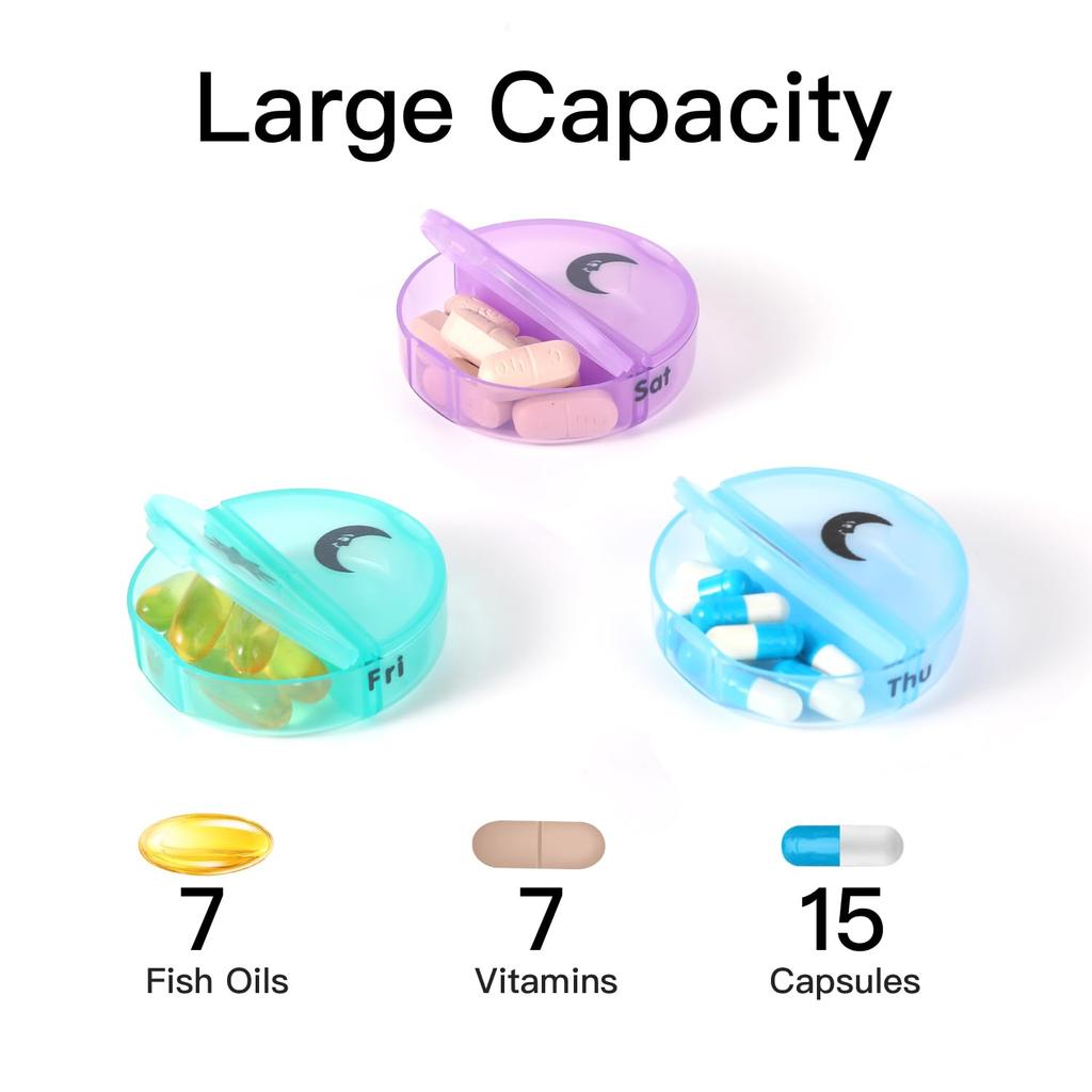 Pill Container Dispenser 2 Times a Day 7 Day Pill Case Round Travel Medicine Organizer Large Daily for Vitamins Medications