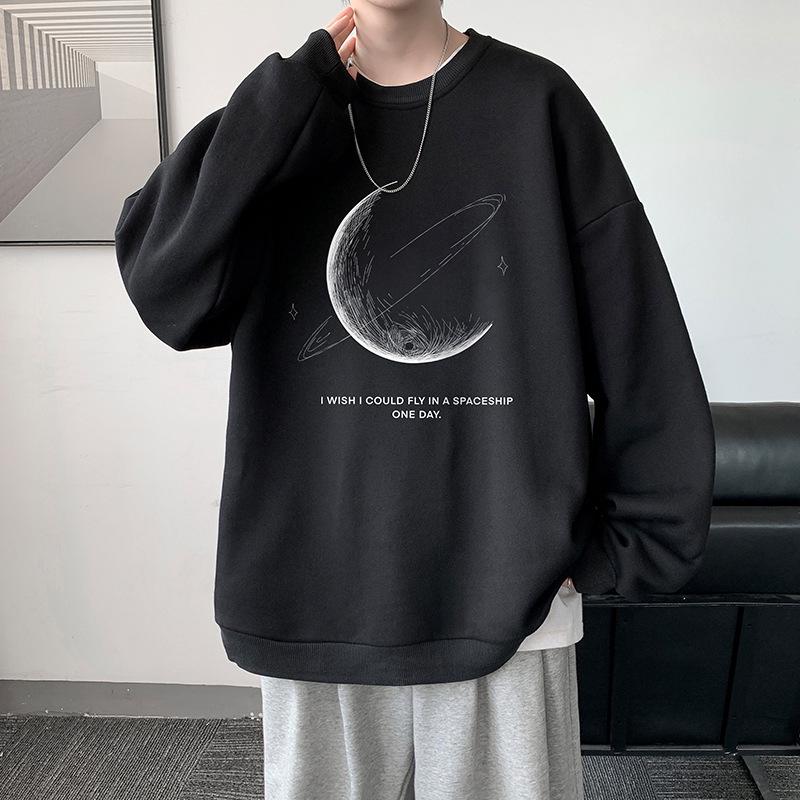 Men's American Trendy Crewneck Pullover Hoodie - Autumn High Street Print, Loose Fit, Lazy Style Long Sleeve Top
