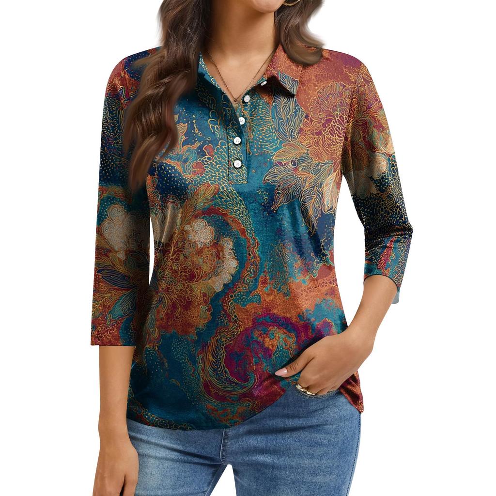 Women's Fashion Casual Lapel Short 3/4 Sleeve Print Shirt Women's Button Up Tops