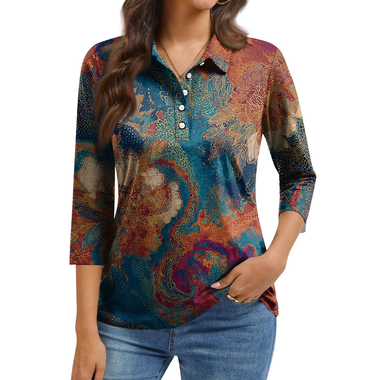 

Women s Fashion Casual Lapel Short 3/4 Sleeve Print Shirt Women s Button Up Tops XL шафрановий