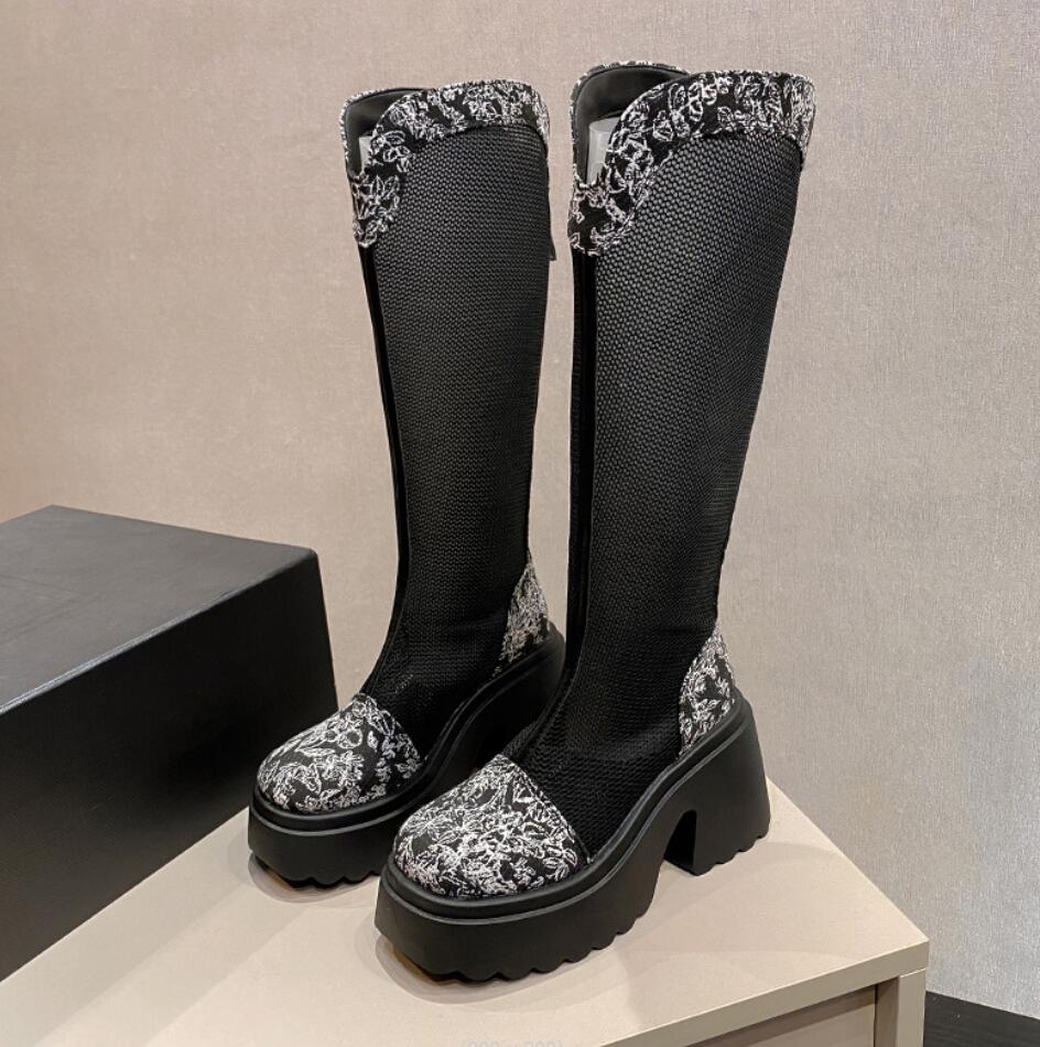 Fashion Summer Embroidery Mesh High Knight Boots Thick Bottom Hollow V-mouth High Platform 9CM Boots Fashion Street Chunky Women Shoes