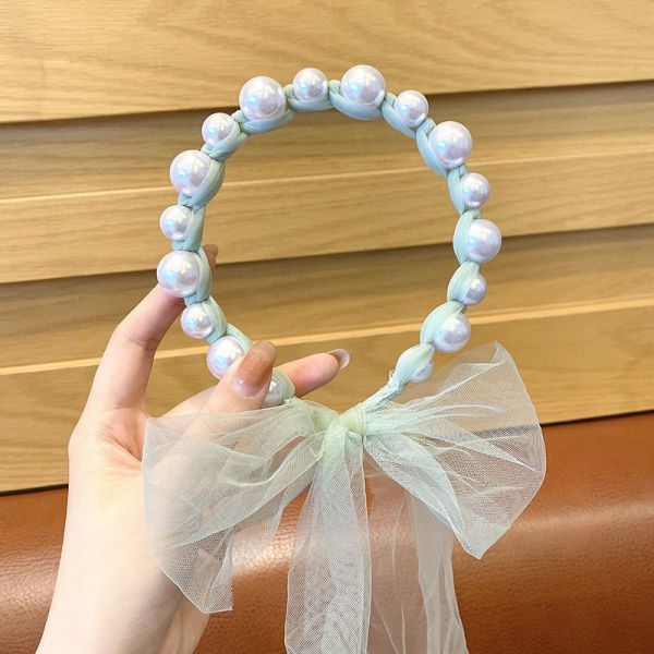 

Детские повязки на голову с жемчугом для девочек, головные уборы с сетчатым бантом