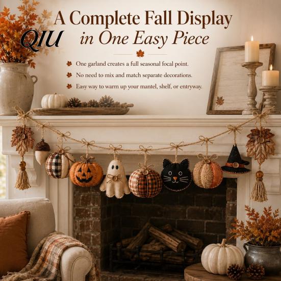 Decoraciones reutilizables para fiestas de Halloween, Guirnalda de Banderines Vintage de 61 Pulgadas, Calabaza de Tela Rellena Rústica, Fantasma, Borla Decorativa Negra Colgante para
