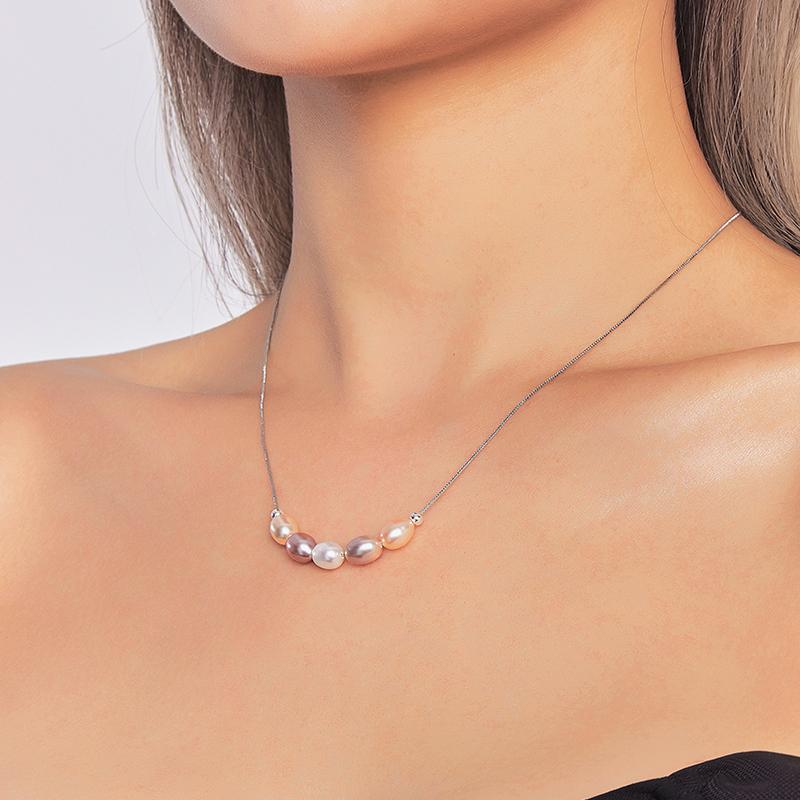 HENGSHENG 6-7mm Natural Pearl Candy Smile Chain 925 Sterling Silver Fine Cute Fashion Pendant Necklace For Women Girls Jewelry 6-7mm
