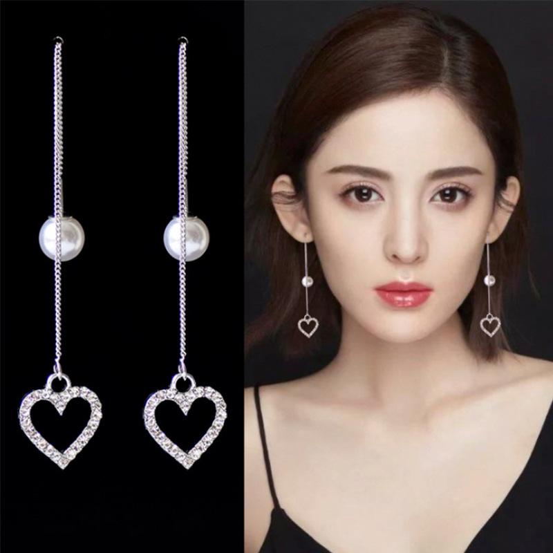 Brincos Longos Coreanos de Prata S925 Agulha Estrela & Lua Folha Trevo para Mulheres