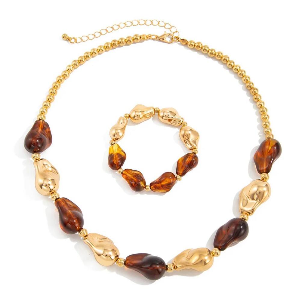 Salircon 7 Colors Boho Resin Acrylic Bead Choker Necklace Bracelet Set Women Vintage Elegant Banquet Party Bangles Jewelry Gifts