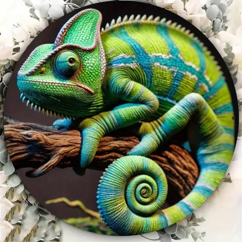 Metal Sign Art 2D Round Chameleon Personalized Wall Decor Gift Office Home Halloween Room Decor Kitchen Bathroom Bedroom Living