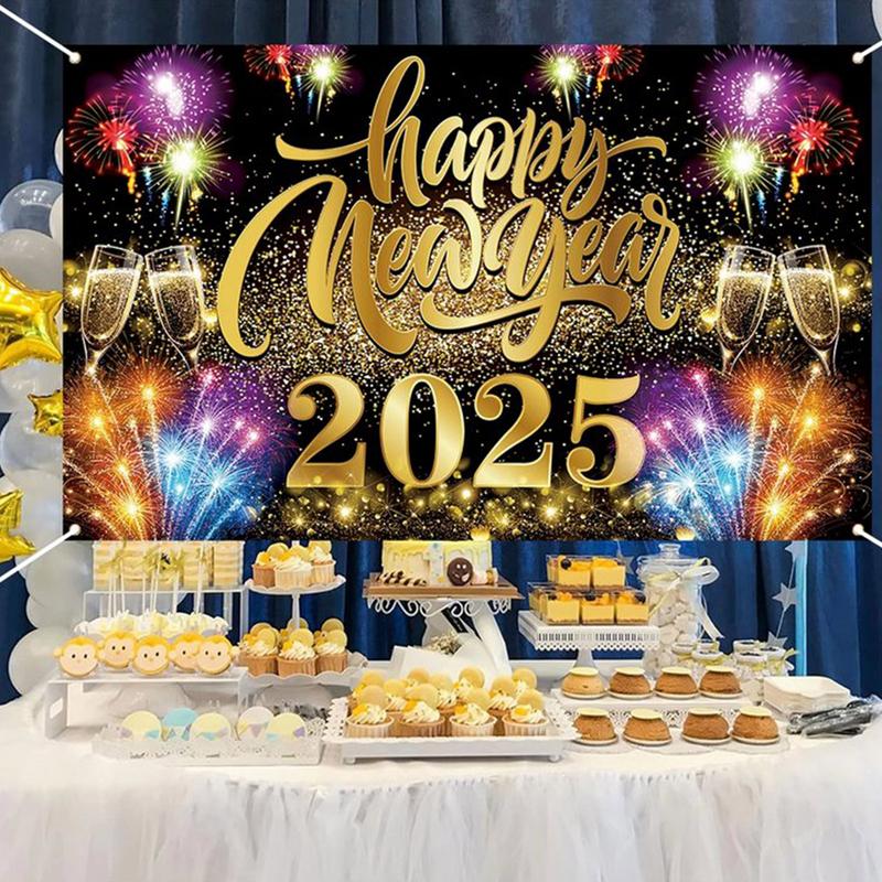 2025 Happy New Year Banner New Year Black Gold Party Decoration Background 71 X 43in Photo Backdrop Non-Fade New Year Banners