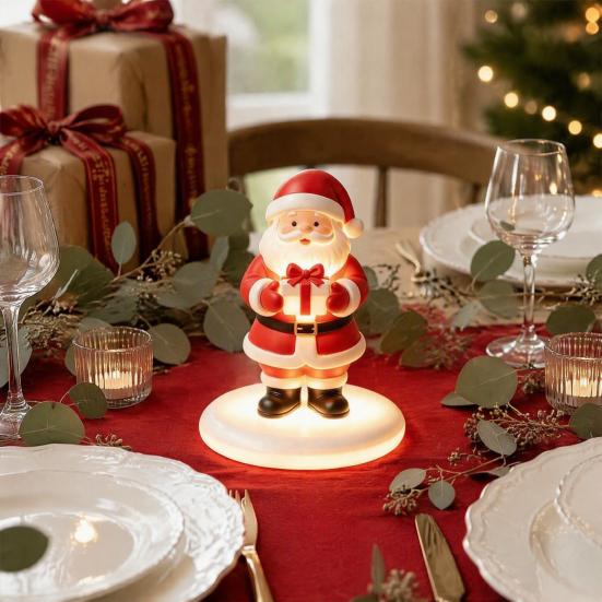 Christmas Table Decorations Santa Claus Figurine with Warm LED Light, Glowing Tabletop Night Decorative Bedside Lamp Light Decor, Holiday Desktop