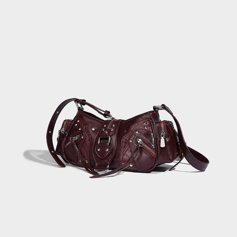 Vintage Motorcycle Style Handbag Fashion Niche Rivet Shoulder Bag Multi-pocket Design Oil Wax Leather Crossbody Bag
