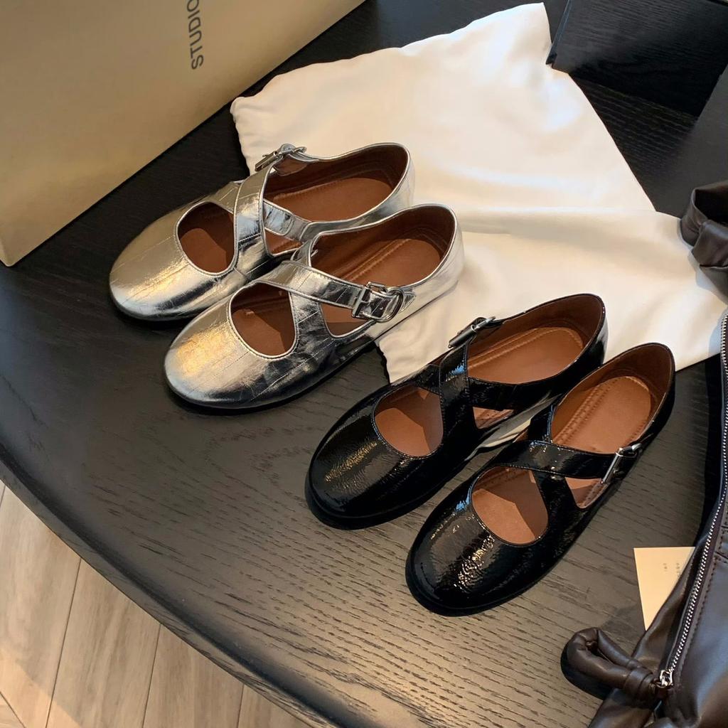 Sheepskin version~ Cross-strap silver Mary Jane shoes women's light mouth flat bottom versatile single shoes genuine leather ballet style small lea