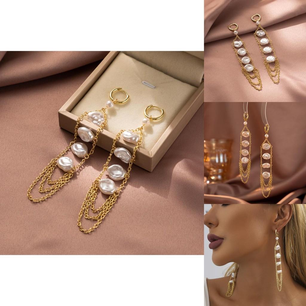 Sophisticated Faux Pearl Drop Earrings For Women Irregular Design With Chain Tassels
