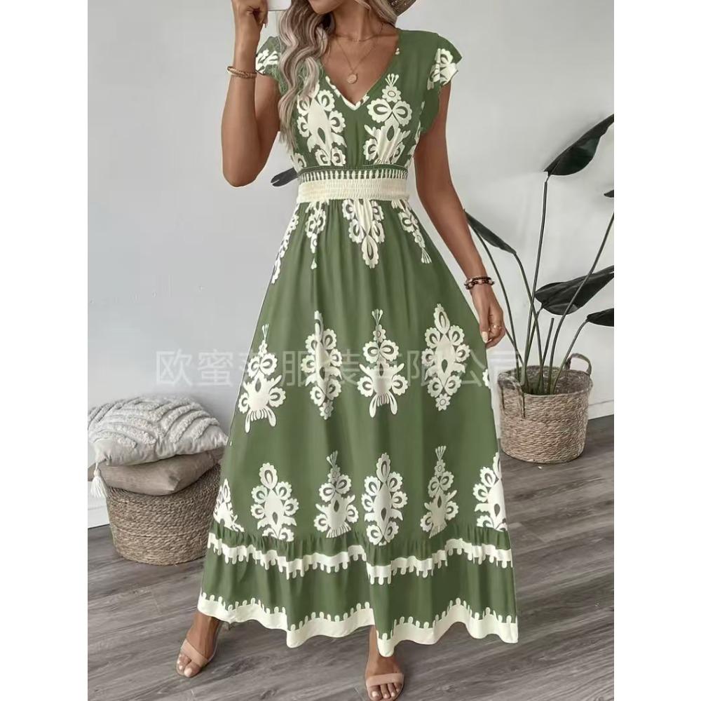 Women's V Neck Short Sleeve Elastic Waist Floral Print Ruffle Hem Maxi Dress Boho Beach Vacation Casual Flowy Sundress