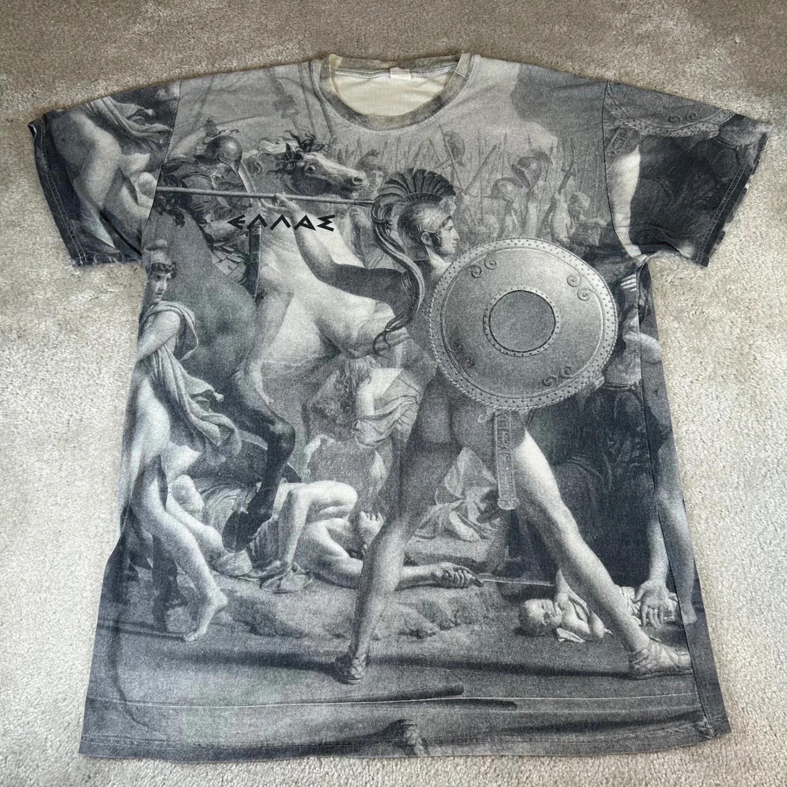 

Vintage Greece Mythology All Over Print T-shirt Mens XL Gray Spartan Battle Tee M