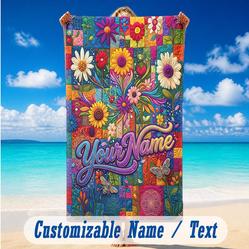 Floral Garden Theme Beach Towel Personalized Custom Name & Text Soft Quick Dry Beach Towel for Swimming Travel