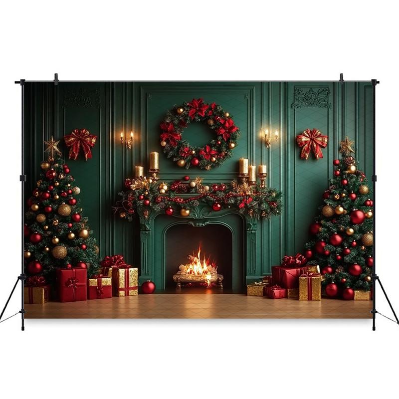 Mocsicka Christmas Photography Backgrounds Tree Decors Family Festival Party Photo Backdrops Green Wall Fireplace Pattern Banner