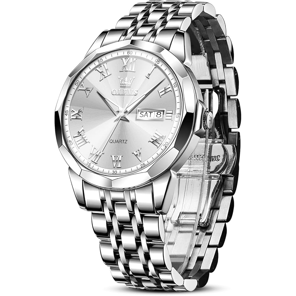 OLEVS Men s Analog Quartz Watch Waterproof Silver White Dial Stainless Steel Band Date Display