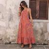 Bohemian Vacation Style Loose Abstract Print Halter Backless Long Dress For Women