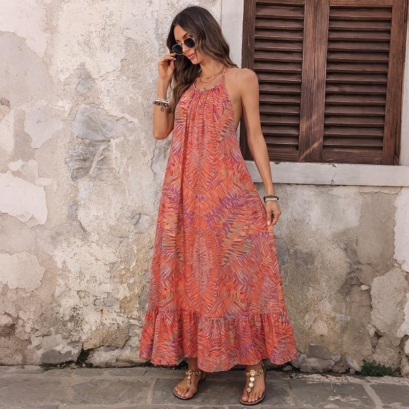 Bohemian Vacation Style Loose Abstract Print Halter Backless Long Dress For Women