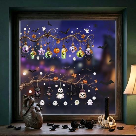 Thickened PVC Halloween Graphics 2 Sheets Window Stickers, Bat Spider Web Static Cling Decals, Festive Party Ornaments Ghost Pumpkin Waterproof