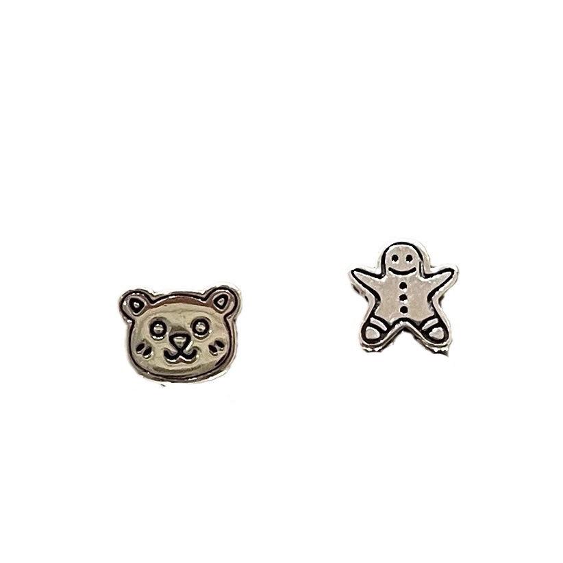 Christmas Gingerbread Man & Bear Stud Earrings - S925 Silver Needle Retro Distressed Style for Women