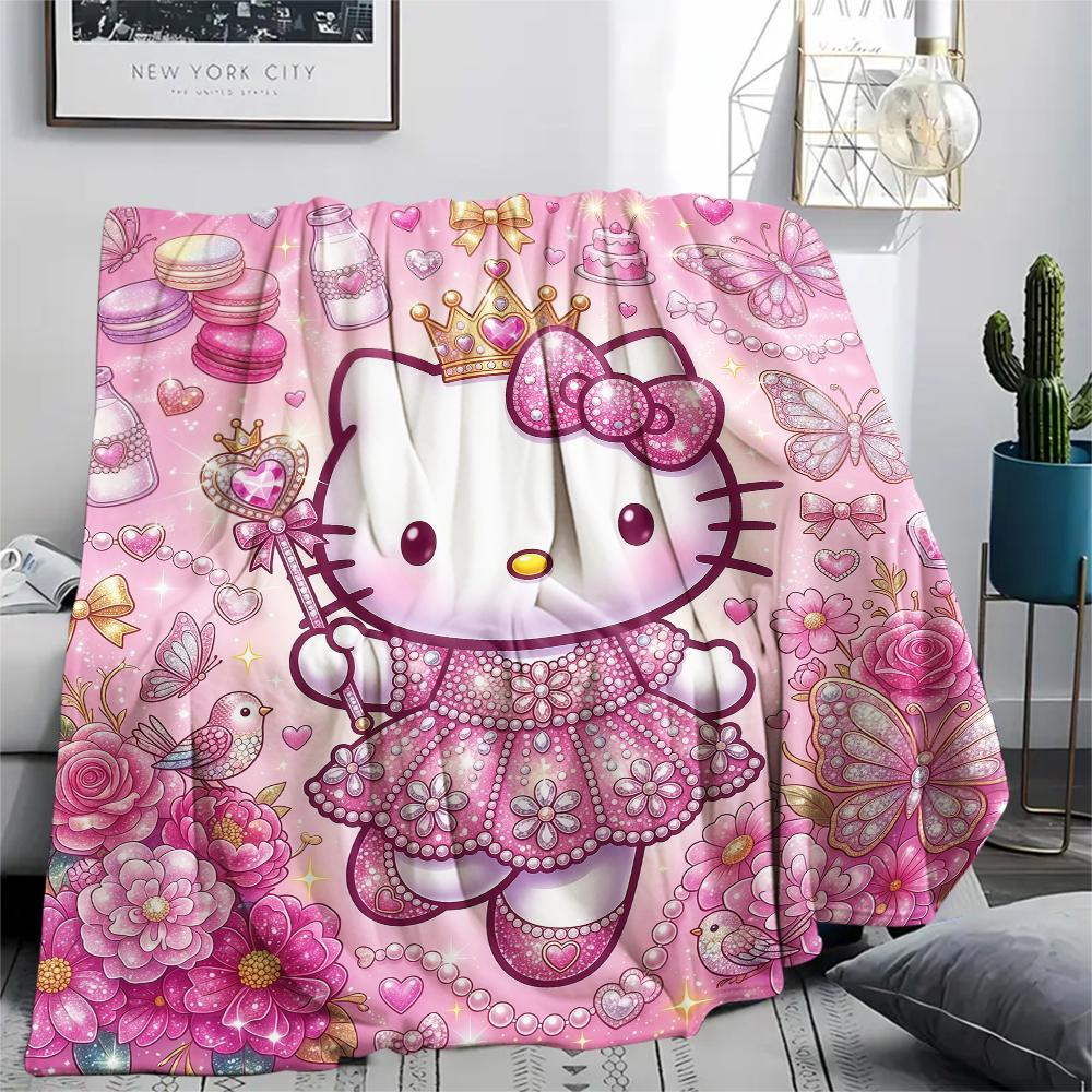 1PC Hello Kitty Cartoon Print Flannel Blanket, High quality All Seasons, Home Decor, Warmth and Comfort, Perfect for Christmas Gifts