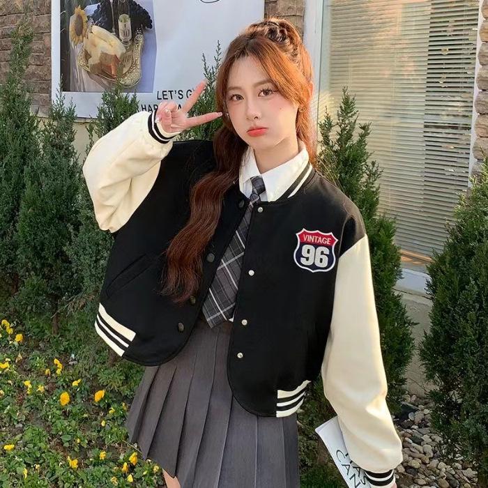 Women's Petite Color Block Baseball Jacket - 2025 Fall/Winter American College Style
