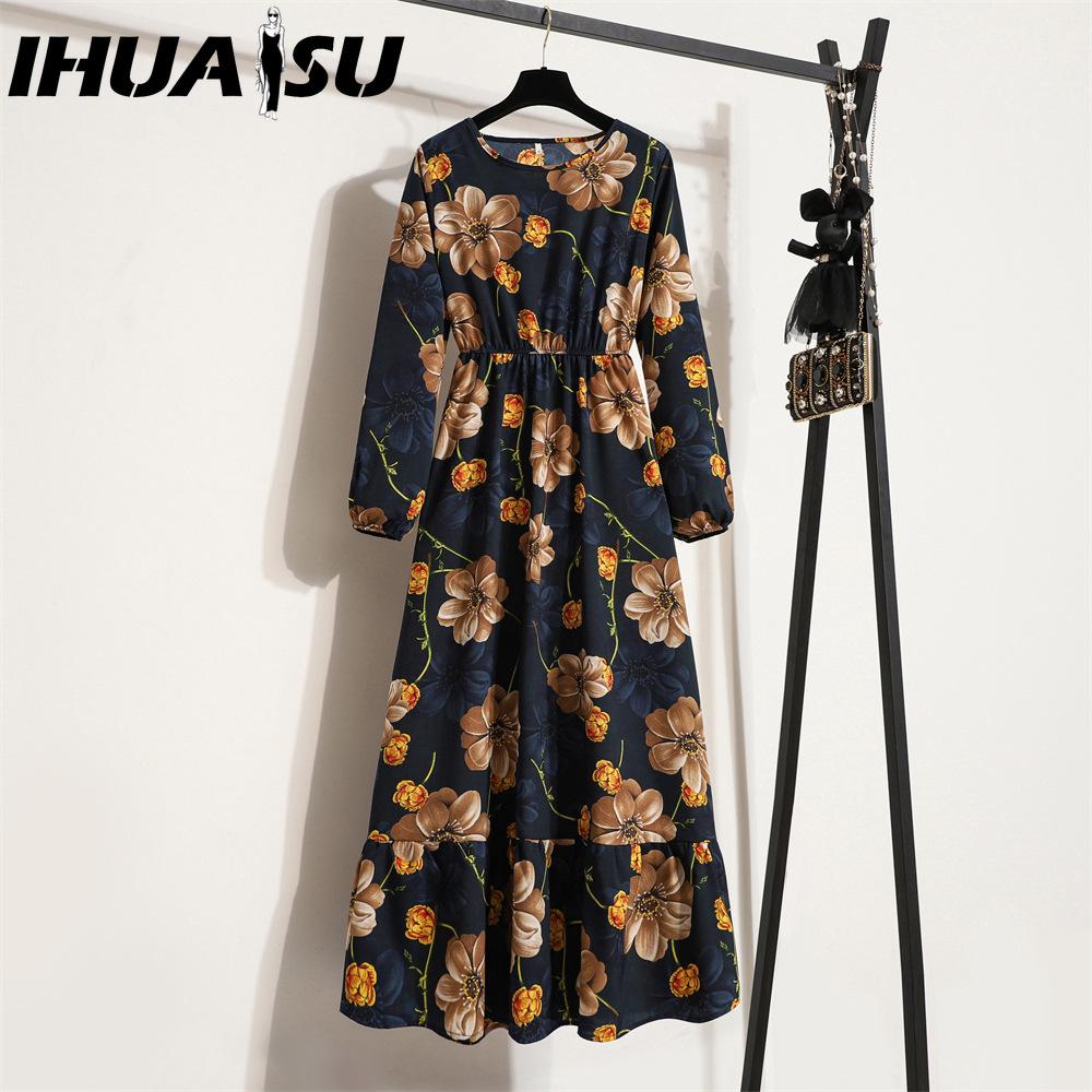 IHUASU 25 Colors Spring Women Maxi Dresses Casual Long Sleeve Floral Print O-Neck Ladies Long Dress Bohe Beach Party Mujer Vestidos Muslim Dress