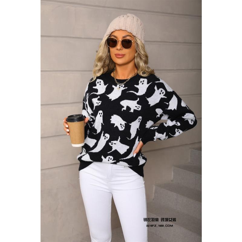 Women Pullover Halloween Sweaters Ghost Print Jumpers Long Sleeves O Neck Loose Slight Strech Casual Office Lady 2025 Autumn