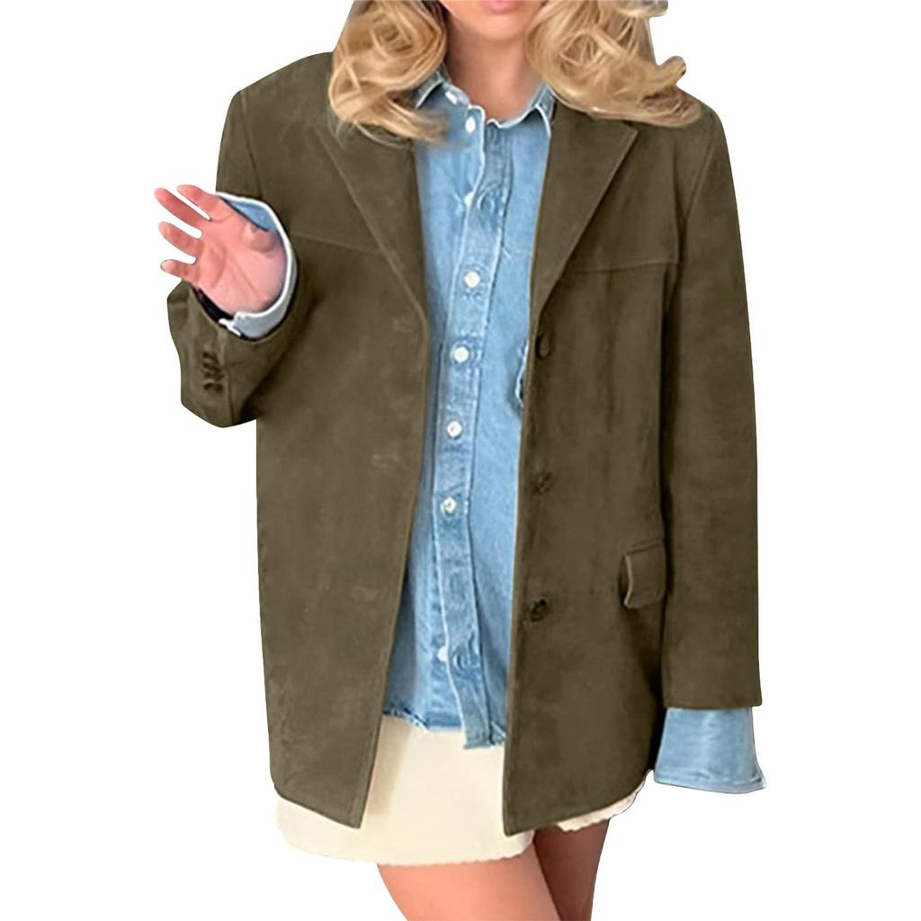 Women's Fashion Solid Color Vintage Casual Oversized Pocket Long-Sleeve  Jacket