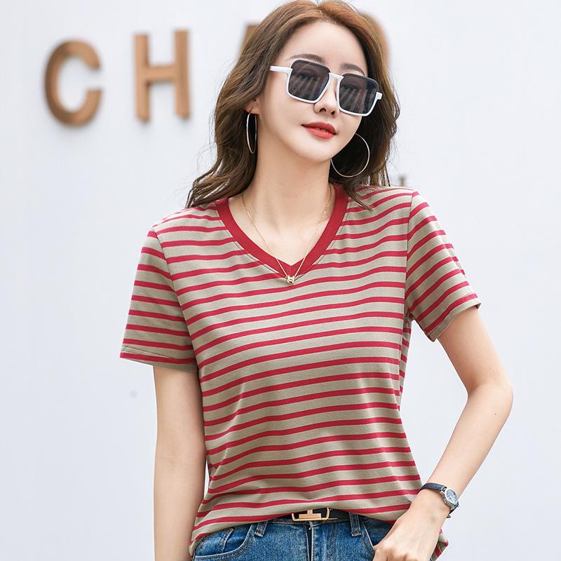 

Полосатая контрастная футболка с v-образным вырезом в стиле ретро, ​​художественная футболка с короткими рукавами, женский топ в западном стиле, летняя нижняя рубашка S красный