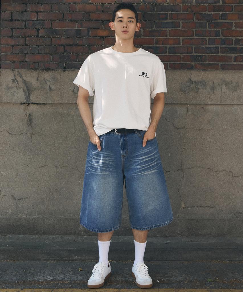 Beokeuldaun Simple Triple Stitched Standard Wide Fit Long Bermuda Denim Pants (Indigo)