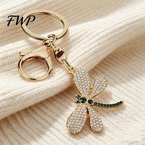 Sweet Girl Bag Charm Pendant Rhinestones Dragonfly Zinc Alloy Keychain Accessory Electroplated Finish Easy Hang Lobster Clasp Key Holder Durable