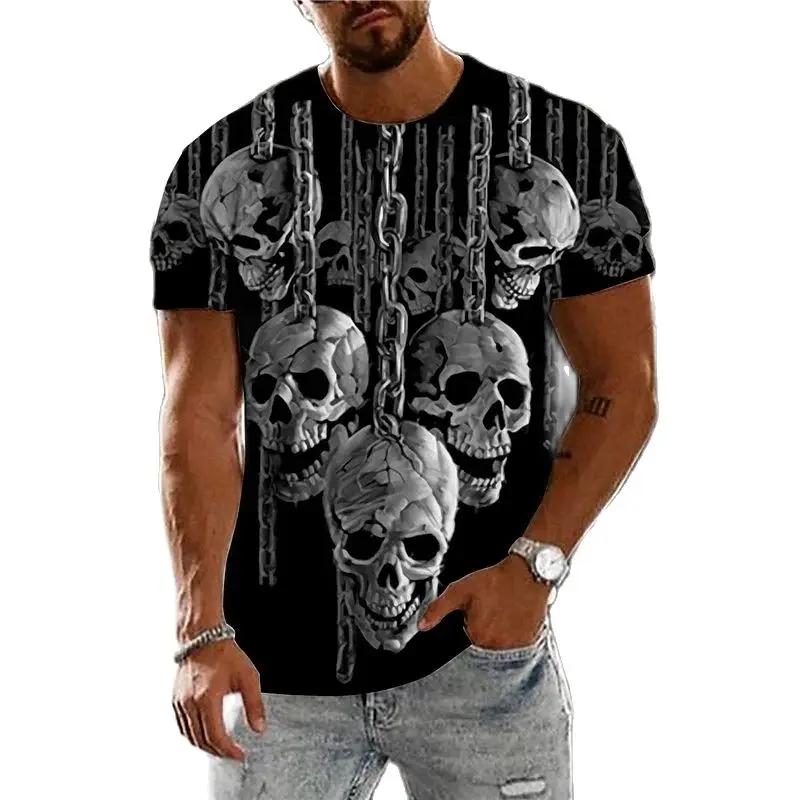 Summer Round Neck 3D Vintage Horror Skull Print Top Fashionable Casual Short Sleeved Men's T-shirts