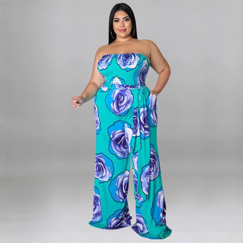 MY900 Plus Size Womens Sleeveless Knit Jumpsuit With Floral Print Rose Red Blue Breathable Milk Silk Fabric Straight Leg 2025 Collection