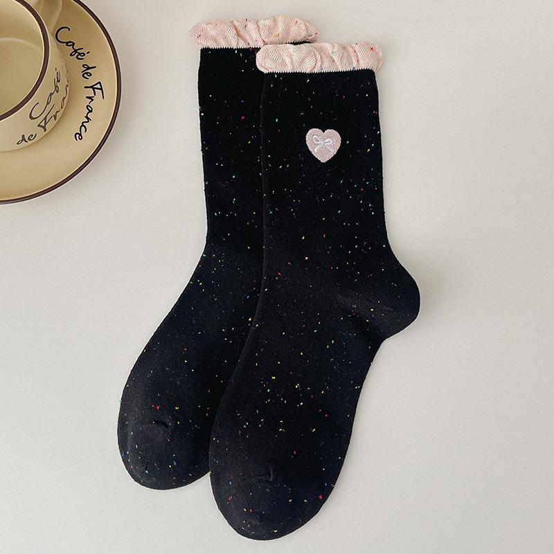 Lace Socks for Women, Mid-calf for Autumn and Winter, Heart-shaped Embroidered Dot Yarn Trendy Socks, Boneless Socks