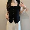 French Retro Solid Color Square Neck Single-Breasted Sleeveless Slim Knitted Vest For Women