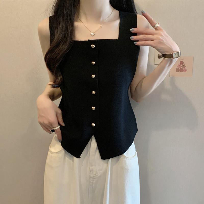 French Retro Solid Color Square Neck Single-Breasted Sleeveless Slim Knitted Vest For Women