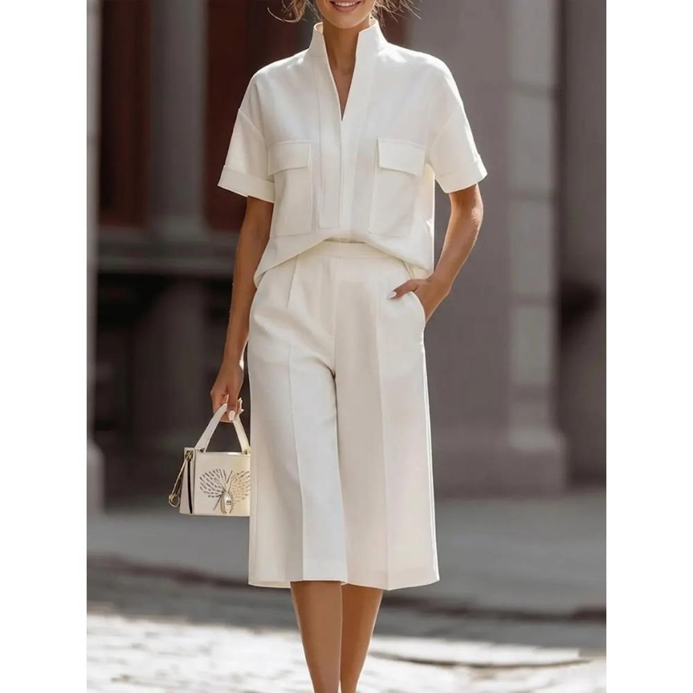Women s Loose Fit Two-piece Outfit Set Short Sleeve Stand Collar Shirt High Waist Culotte Coordinates S белый