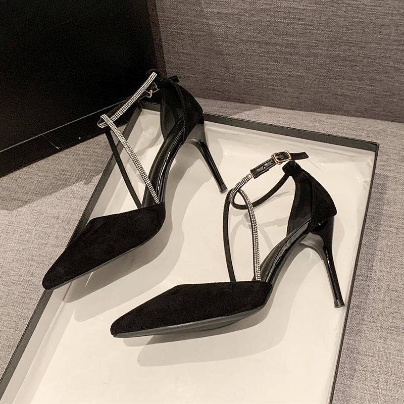 Fashion Cross Crystal Slip Strap Anti-Slip Wear-Resistant High Heels Autumn New Pointed Toe Shallow Mouth Stiletto Single Shoes