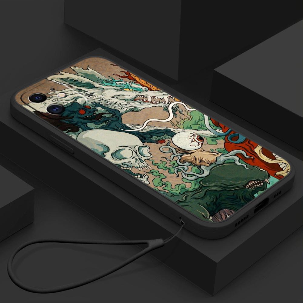 Samsung Galaxy A14 A24 A23 A13 A53 A54 A34 S23 FE for iPhone 11 12 13 14 15 Pro Max Soft Straight Edge Telefonveske Med snordeksel A33 Dragon design
