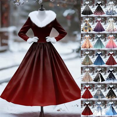 Women's Casual Dress Long-Sleeve V-Neck Patchwork Fleece Christmas Print Dress