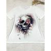 European Size Women's Skull & Floral Print Casual T-Shirt - Dark Gothic Halloween Graphic Tee with Round Neck, Short Sleeve