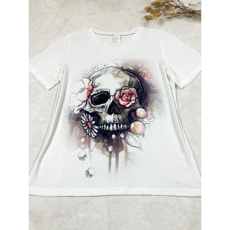 European Size Women's Skull & Floral Print Casual T-Shirt - Dark Gothic Halloween Graphic Tee with Round Neck, Short Sleeve