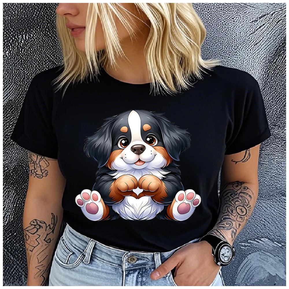 Cotton Cute Bernese Mountain Dog Graphic T Shirt Women Lovely Fluffy Puppy Heart Paws Print Short Sleeve Tee Gift For Dog